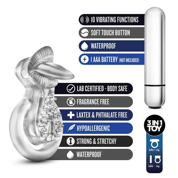 Stay Hard 10 Function Vibrating Clear Tongue Cock and Ball Ring by Blush Novelties — image 6 of 6
