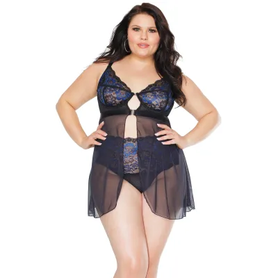 Plus Size Blue Black Front Close Babydoll With High Waisted Thong