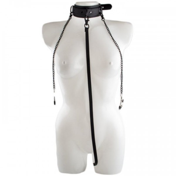 Bondara Matte Black Collar, Leash and Nipple Clamps