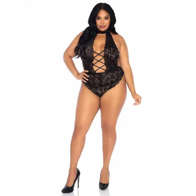 Floral Lace Crotchless Teddy 1x 2x Black