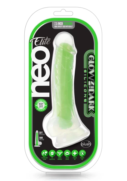 Neo Elite Glow In The Dark 7.5" Dual Density Realistic Silicone Dildo With Balls by Blush - Neon Green