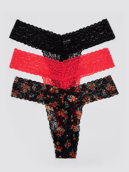 Lovehoney Black and Red Floral Lace Thong Set (3 Count)