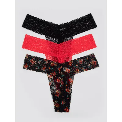 Lovehoney Black and Red Floral Lace Thong Set 3 Count