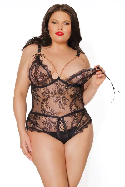 Plus Size Black Line All-Access Eyelash Lace & Rose Gold Teddy