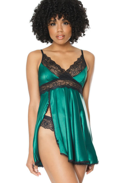 Envious Green Satin & Lace Babydoll with Thong By Coquette