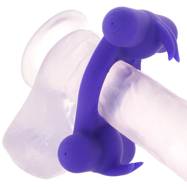 Silicone Rechargeable Triple Orgasm Enhancer Vibrating Cock Ring By CalExotics - Purple
