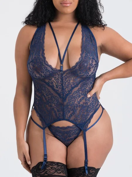 Lovehoney Plus Size Late Night Liaison Blue Lace Plunge Bustier Set — image 10 of 10