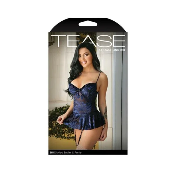Tease Elle Floral Burnout Velvet Skirted Bustier, Matching Panty & Removable Garters Navy S/m