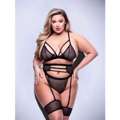 Baci 3pc Strappy Bra Garter Panty Set blk Q Bx