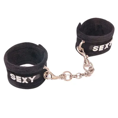 Love In Leather Faux Fur Lined Sexy Motif Diamante Wrist Cuffs