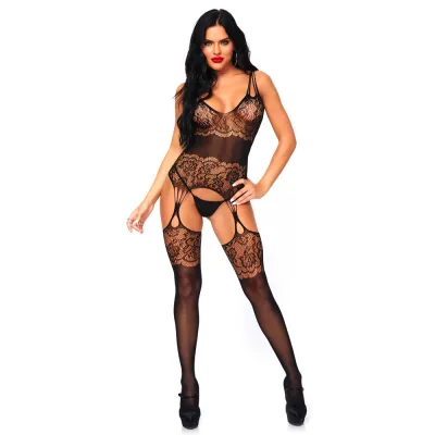 Leg Avenue Strappy Rose Lace Bodystocking UK 8 14