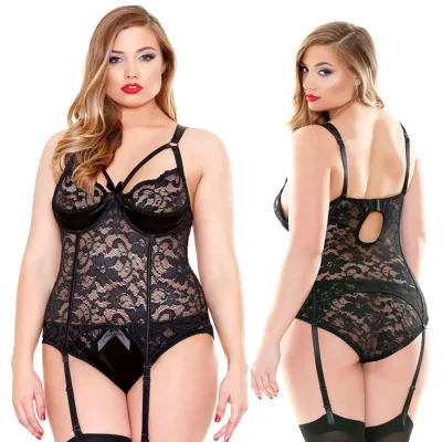 Curve Bustier with Garters Panty Black 1X 2X