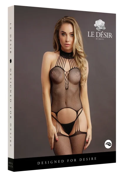 Le Désir Black Suspender Fishnet Choker Bodystocking