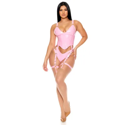 Forplay Shine On 2 Piece Pink Corset Bustier Set with Panty