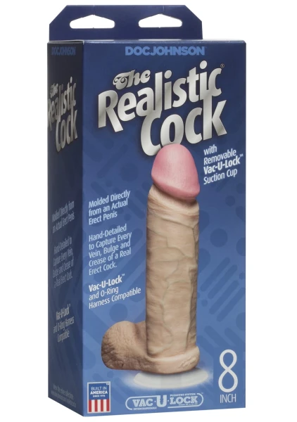 Doc Johnson The Realistic Cock 8" - Vac-U-Lock Compatible Suction Cup Base - Vanilla