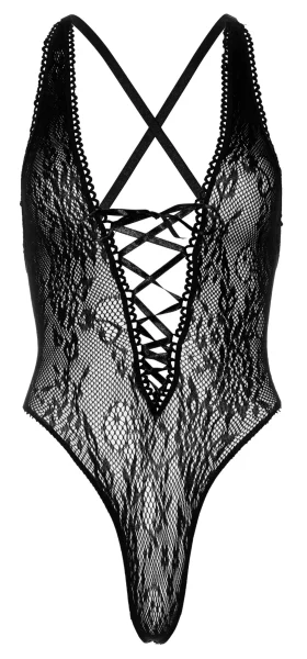 Floral Lace Thong Teddy - 1x-2x - Black