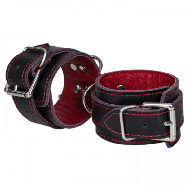 Bondara Luxe Black and Red Leather Wrist Cuffs — image 4 of 5