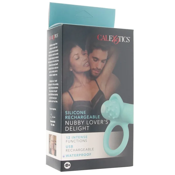 Silicone Rechargeable Nubby Lover's Delight Vibrating Cock Ring By CalExotics - Teal