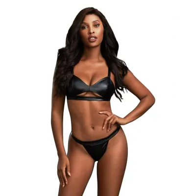3 Piece Robe Bralette Thong Set Large Black