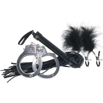Bondage Whip Feather Clamps Cuffs Set in Black