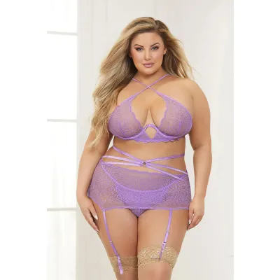 Three Piece Floral Lace Bra Skirt and G String Set Queen Lavender