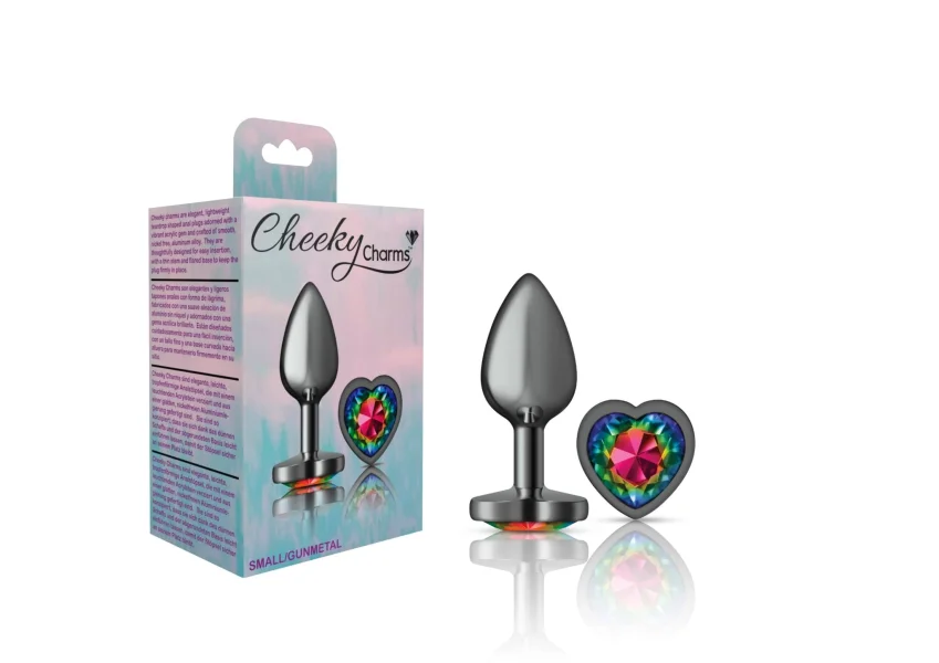 Cheeky Charms - Gunmetal Metal Butt Plug - Heart - Rainbow - Small