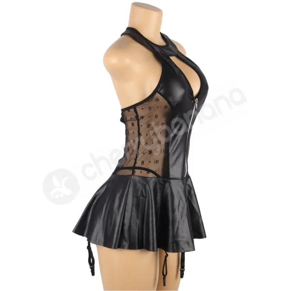 Cherry Banana Black Faux Leather Dress With Zipper Front & Tie-up Back