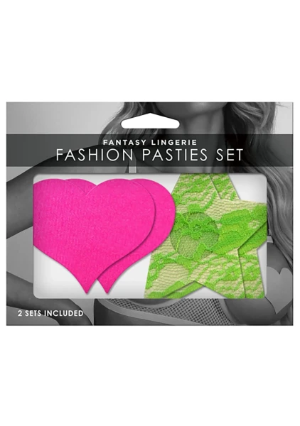 Fashion Pasties Set - Neon Pink Satin Heart / Neon Green Lace Star — image 4 of 4
