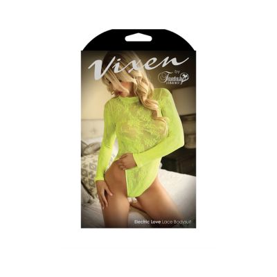 Vixen Electric Love Long Sleeve Lace Bosysuit Neon Yellow Os
