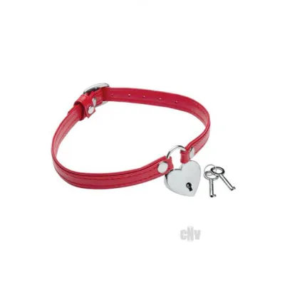Heart Lock Leather Choker With Lock And Key Red
