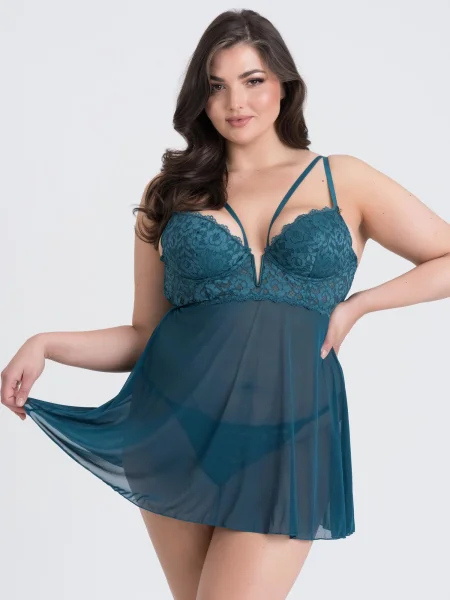 Lovehoney Plus Size Parisienne Teal Lace Plunge Babydoll Set