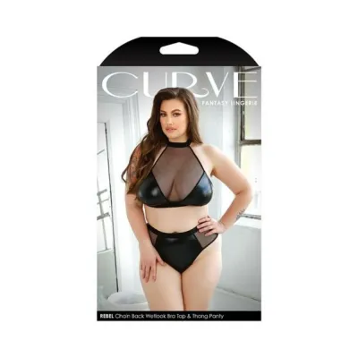 Fantasy Lingerie Curve Rebel Chain Back Wetlook Bra Top Matching Thong Panty