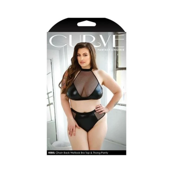 Fantasy Lingerie Curve Rebel Chain Back Wetlook Bra Top & Matching Thong Panty