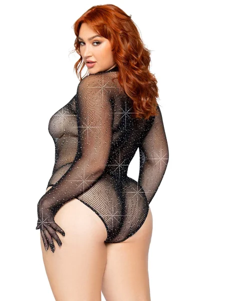 Rhinestone Fishnet Long Sleeved Gloved Bodysuit — image 14 of 14