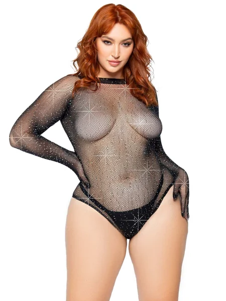 Rhinestone Fishnet Long Sleeved Gloved Bodysuit — image 13 of 14