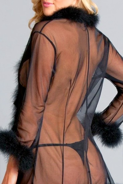 Be Wicked Bou Sheer Black Robe with Marabou Trim & Thong