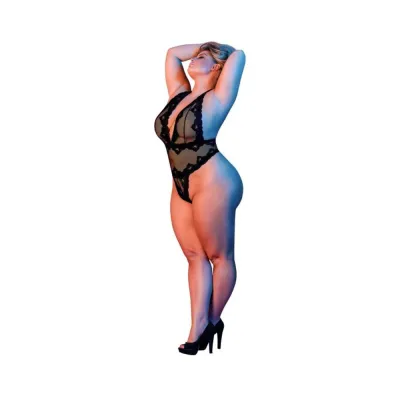 Magic Silk Sexy Time Deep Plunge Halter Teddy Black Queen Size