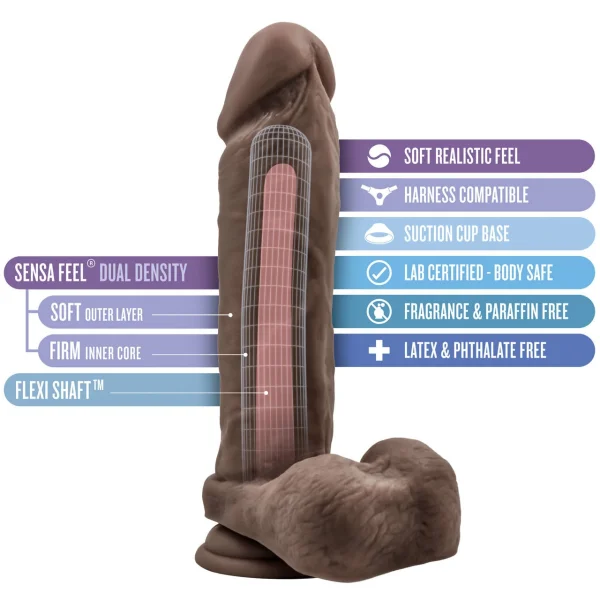 Au Naturel 9.5 Inch Sensa Feel Dual Density Dildo With Balls By Blush - Chocolate