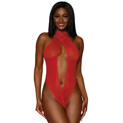 Dreamgirl Red Fishnet and Heart Trim Crotchless Pearl Thong Body