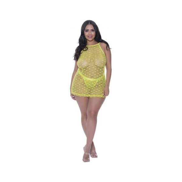 Women's Lingerie: Magic Silk Love Star Halter Swing Chemise & Thong Set Neon Chartreuse Queen Size