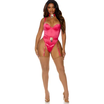 Forplay Love Lock 3 Piece Pink Teddy Set with Garter Belt Choker