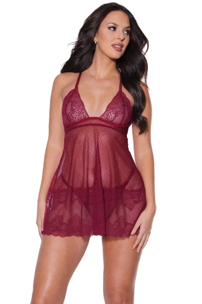 Merlot Lace Roses Babydoll & Thong