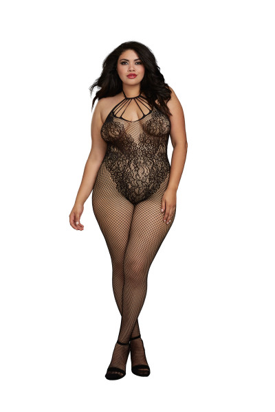 Dreamgirl Plus Size Black Fishnet Bodystocking with Strappy Neckline