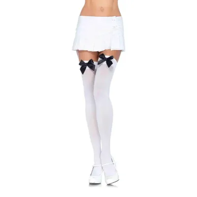 Nylon Thigh Highs With Bow One Size White Black