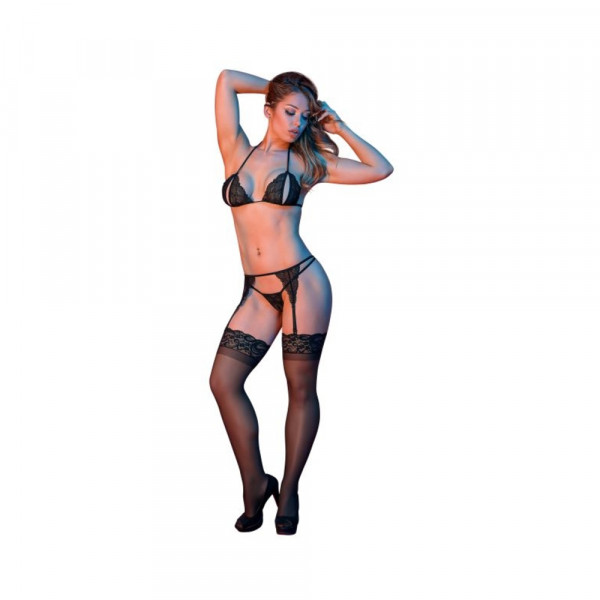 Magic Silk Sexy Time Peek-a-boo Bra, Garter & G-set Black Sm