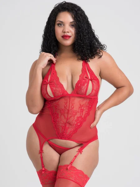 Lovehoney Plus Size Red Peek-A-Boo Merry Widow Bustier Set 