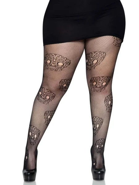 Lace Skulls Fishnet Tights - 1x-2x - Black