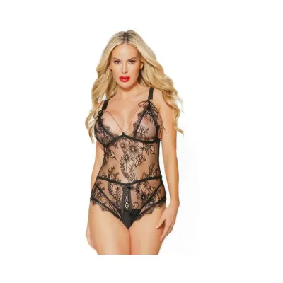 Black Label Crotchless Teddy With Tie up Triangle Cups Black rose Gold Os