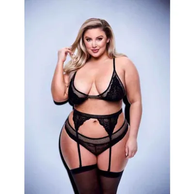 Baci 3pc Lace Mesh Bra Garter Panty Set blk Q Bx