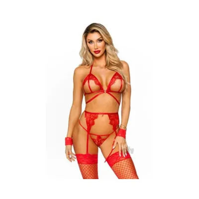 Eyelash Bra Garter Gstring 4pc Os Red
